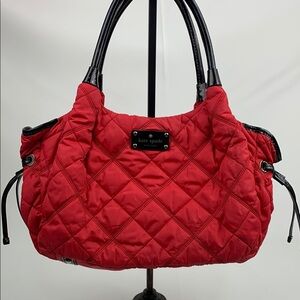 Kate Spade Red Quilted shoulder Bag Black patent leather trim Zip Cinch close